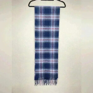 MONOPRIX Unisex One Size 100% Wool Fringe Scarf Blue Plaid Minimalist Essentials